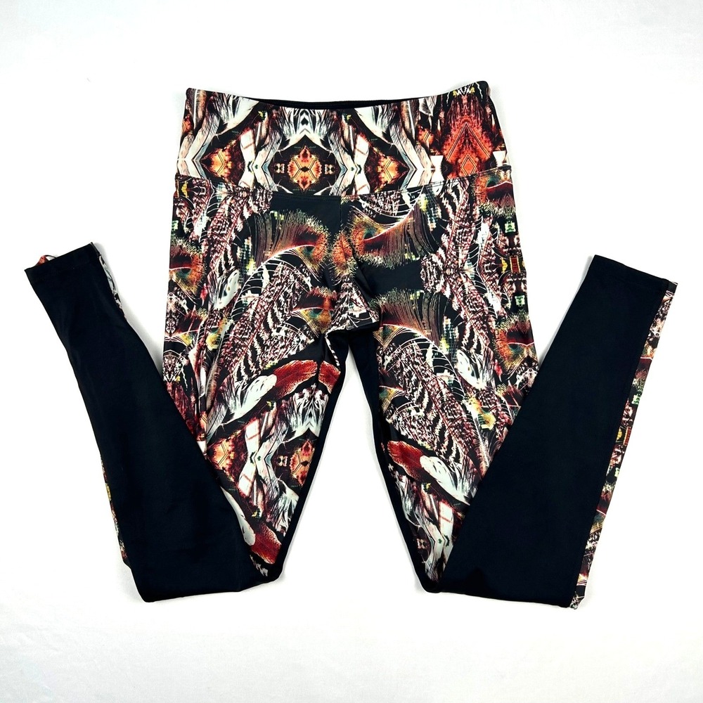 Onzie Womens Kaleidoscope Peacock Feather Print High Waisted Yoga Leggings Black